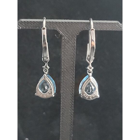 925 Sterling Silver P Star M 3Ct Pear Blue Topaz & Diamond Accent Drop‎ Earrings - Picture 2 of 3